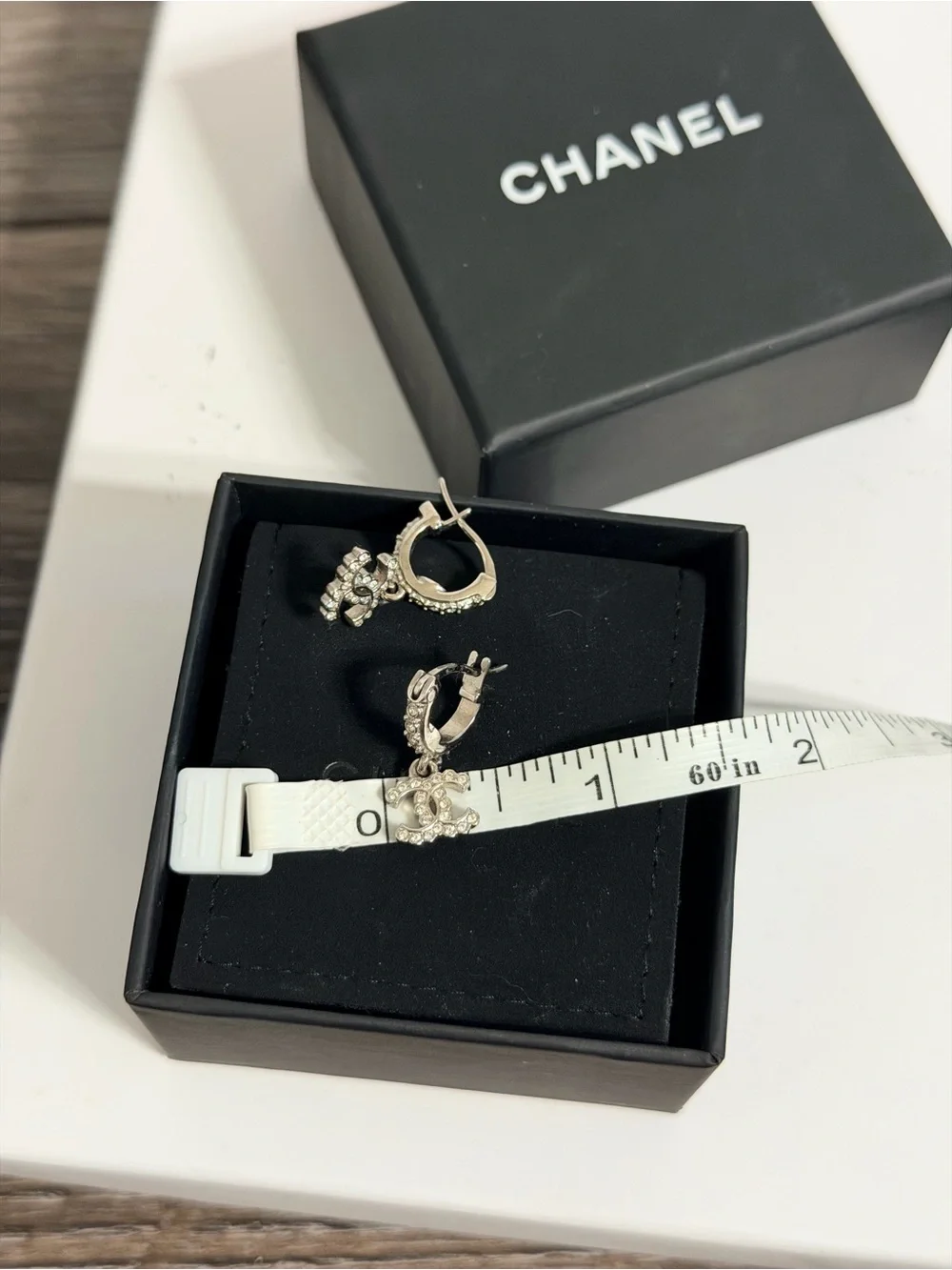 CHANEL Silver Crystal CC Dangle Earrings
